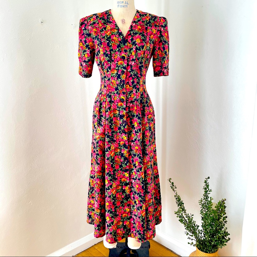 90’s Vintage Express Dress Rayon Floral on Black